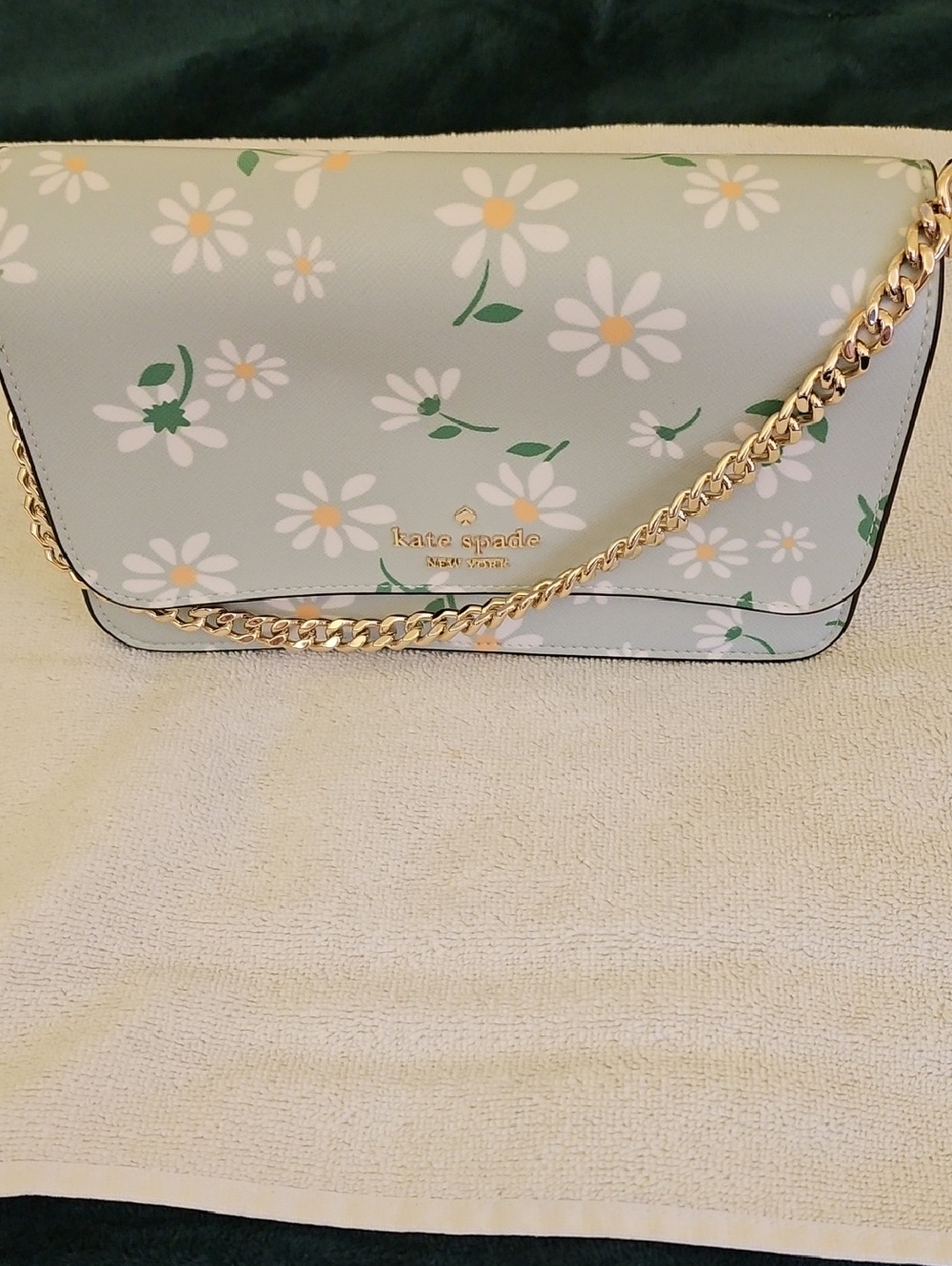 kate spade Daisy-Print Mint Crossbody Bag with Gold Chain small